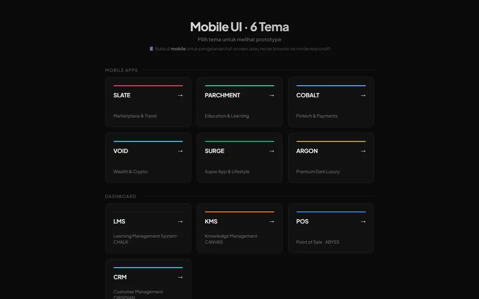 Index page of mobile UI themes and dashboard prototypes on a dark background.