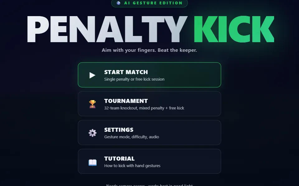Penalty Kick main menu: the title and buttons for Start Match, Tournament, Settings and Tutorial on a dark navy background.