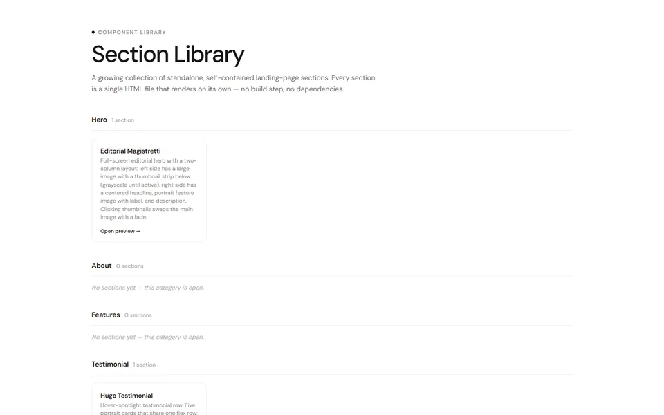 Section Library index page: landing-page section categories (Hero, About, Features, Testimonial) with previews.