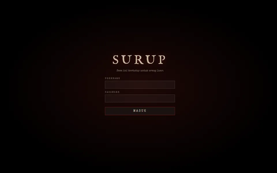 Surup login screen: the word SURUP in widely spaced serif capitals with a dark red glow behind it.