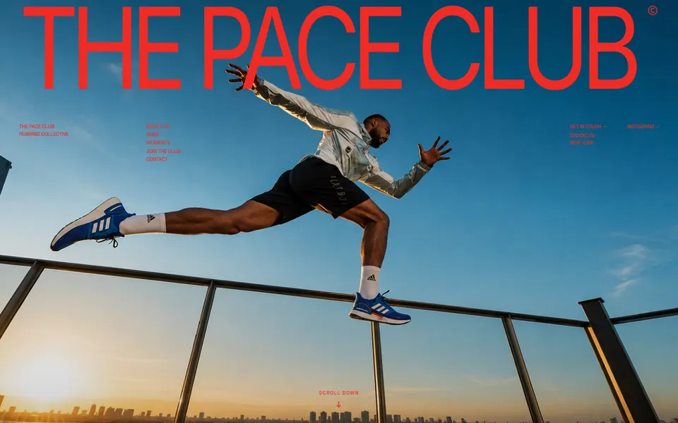 The Pace Club homepage: a large red wordmark over a photo of a runner leaping a railing at sunset.